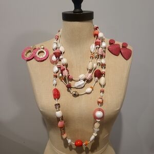 Chico's Pink, White and Coral Multi-Strand Beaded Necklace Set with Earrings